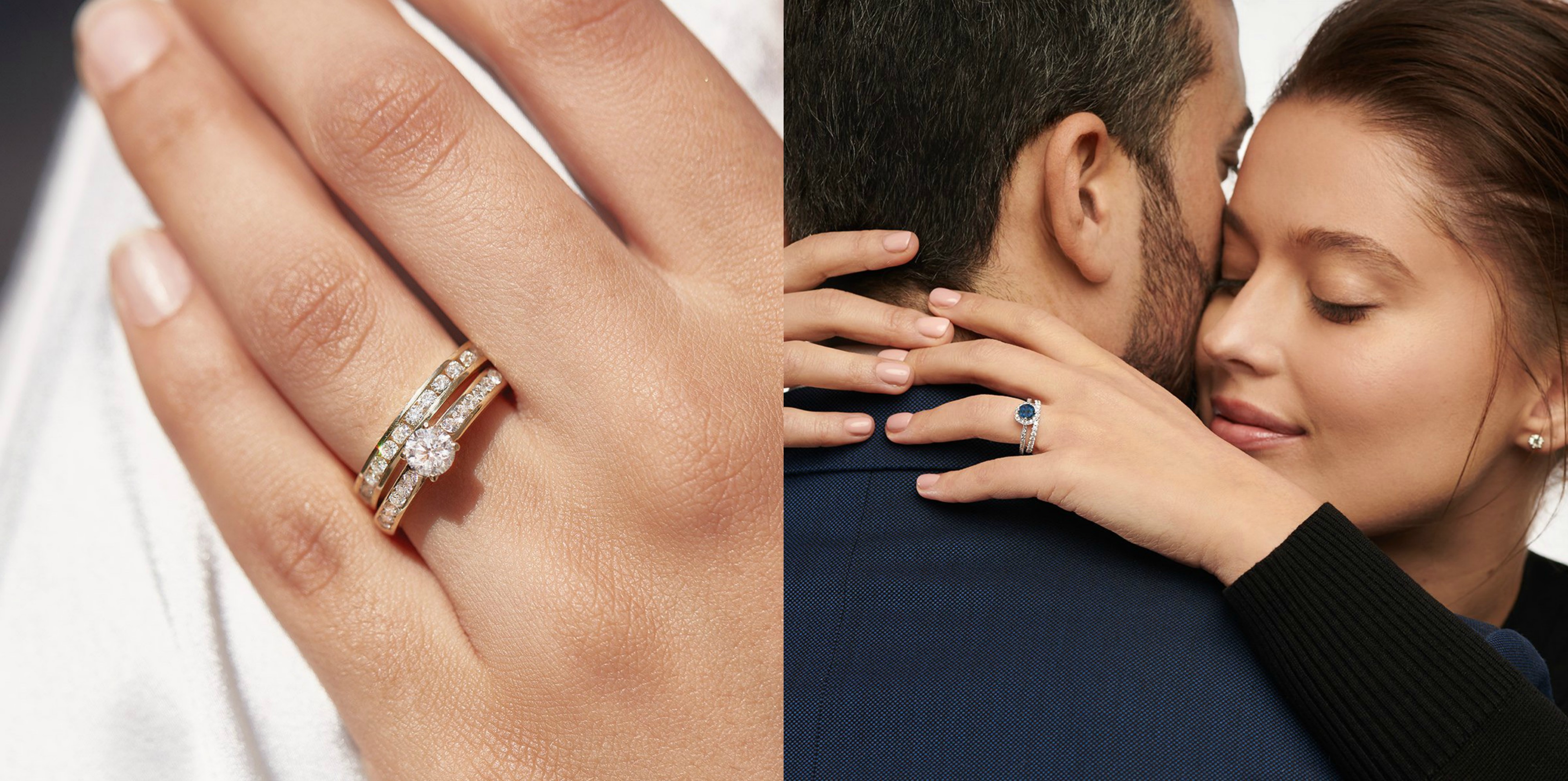 objímající se pár se snubním prstenem a snubní prsten v detailu - koláž